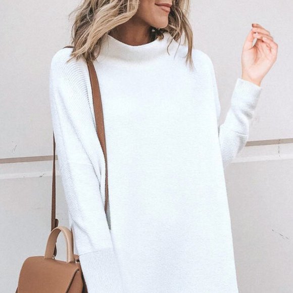 white mock neck long sleeve dress